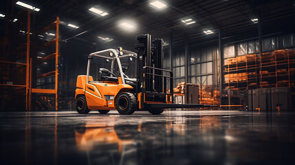 modern orange forklift in warehouse, industrial concept