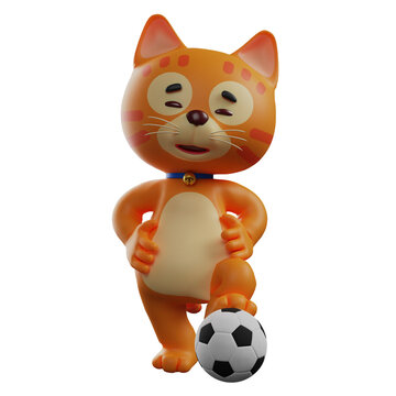  3D Illustration. 3D Cartoon Illustration of Talented Cat playing soccer. hands are on your waist. Showing smile expression. 3D Cartoon Character