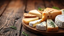Various Types Of Cheese On Rustic Wooden Table