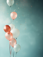 Shiny party balloons and confetti on cyan sky background with copy space. Minimalist festive background. Celebration, birthday, party decoration. Turquoise, white, red, pink orange tones.