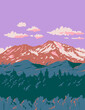 WPA poster art of Mount Shasta volcano in Siskiyou County, Northern California, United States USA  done in works project administration or federal art project style.
