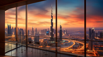 Poster - a beautiful skyline view of Dubai UAE as seen from Dubai Frame at Burj Khalifa in sunset