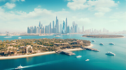 Poster - aerial view from a plane of Dubai jumeirah district cityscape and world islands on a sunny day. Dubai, United Arab Emirates.