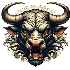 Wall Mural - Buffalo head with horns and grunge ornament. Vector illustration. Bull isolated on transparent background.