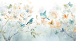 watercolor painting colorful birds and butterflies in a forest of light turquoise and gold