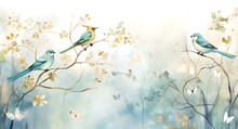 Watercolor Painting Of Colorful Birds And Butterflies In A Forest Of Light Turquoise And Gold