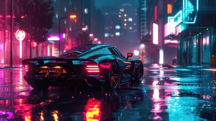 Wall Mural - A futuristic selfdriving car with interactive neon lights creating a futuristic and immersive experience as it cruises through the city at night