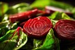 Freshly roasted beets, thinly sliced and marinated in a light vinaigrette, are gently nestled ast the spinach leaves, adding earthiness and a vibrant color contrast to the dish.