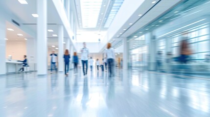 Wall Mural - Blurred modern hospital people in white glass modern hospital background.