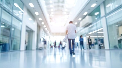 Wall Mural - Blurred modern hospital people in white glass modern hospital background.