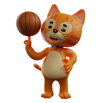  3D illustration. Attractive Cat 3D Character Design spinning a basketball. hands are on your waist. with cool style. 3D Cartoon Character