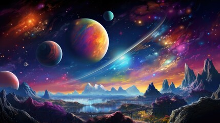 Wall Mural - an artistic painting of planets and mountains. generative ai.