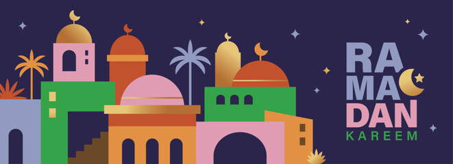 Wall Mural - Ramadan Kareem banner, poster, greeting card, cover design with mosque, crescent moon and typography in flat geometric style.