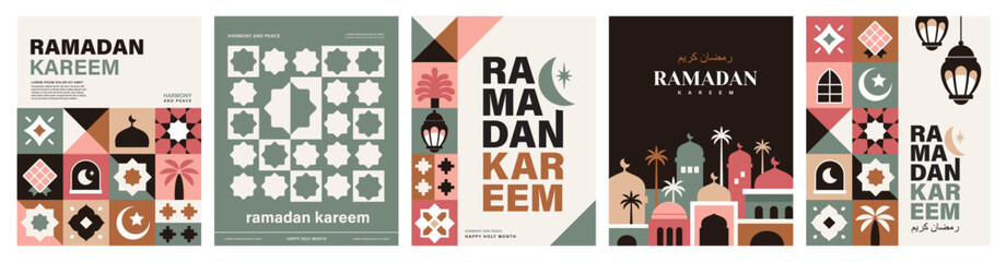 Wall Mural - Set of Ramadan Kareem vector illustration in flat geometric style design for poster, greeting card, banner and cover.