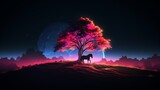Horse Neon light animal hill next tree AI Generated pictures