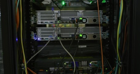 Leinwandbilder - Cables, hardware and server room background for information technology, cybersecurity or GDPR. Wires maintenance, connection and network with programming machine for data center backup or engineering