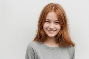 Wall Mural - Cheerful ginger woman smiling and looking at the camera, isolated on a white background.