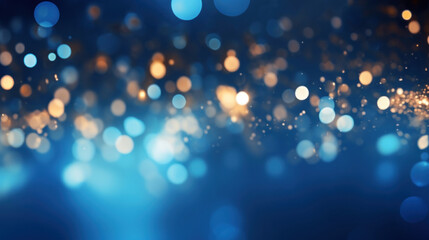 Abstract background of blue bokeh lights scattered across a dark backdrop, creating a feeling of festive sparkle.