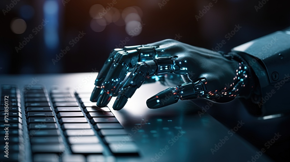 Computer Robot Hand An advanced robotic hand with illuminated joints typing on a modern ...