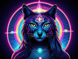 Hypnotic Self-Discovery - Surreal psychedelic trip with cat, woman, and wolf in a hallucinatory neon-lit world Gen AI