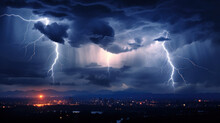A Powerful Thunderstorm Looms Over The City Skyline, With Multiple Lightning Strikes Illuminating The Dark, Stormy Sky.