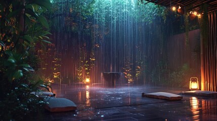 Wall Mural - Gentle Rainfall Retreat A peaceful lounge setting with gentle ambient lights perfect for escaping the hustle and bustle of daily life and enjoying the tranquility of ligh