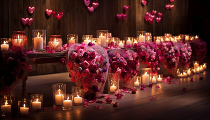 party space with hearts flowers and candles