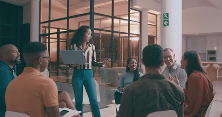 Poster - Business people, training or presentation in circle in workshop, collaboration or communication in job. Diversity, employees and discussion of networking in group and professional on work project
