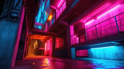 Poster - The harsh concrete of the buildings acts as a canvas for the vivid neon colors that seem to dance off the walls