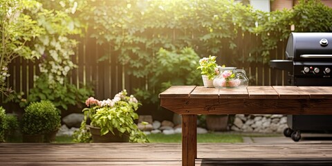 Wall Mural - Garden with empty space and wooden table with grill.