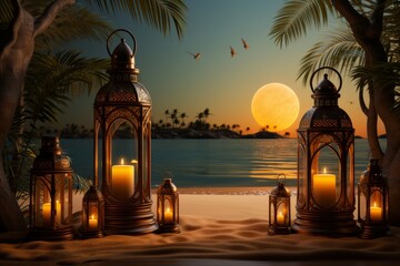 Ramadan Kareem Lanterns Illuminating a Tropical Beach Scene, on an isolated Lantern Yellow background, Generative AI