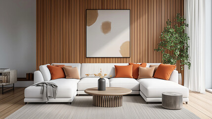 Wall Mural - Round coffee table near white corner sofa with terra cotta cushions near paneling wall with art poster. Scandinavian home interior design of modern living room