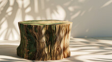 Wooden Stump With Green Mossy Top In Light And Shadows