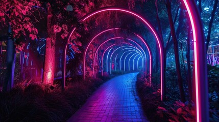 Poster - A neonlit pathway leading to various interactive art installations at the festival