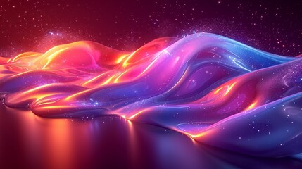 Wall Mural - 3D neon wave, shimmering with a glossy, iridescent surface. Set against a vibrant, holographic, abstract background. HD camera realism.