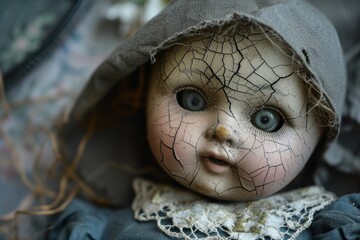 Wall Mural - A haunted doll with cracked porcelain and a ghostly presence Old mystical scary horror doll