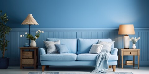 Cozy living room with vintage touch and blue-white color scheme.