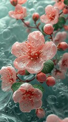 A spring blossom liquid abstract 3D extrusion, with soft pinks, whites, and greens, reminiscent of blooming flowers.