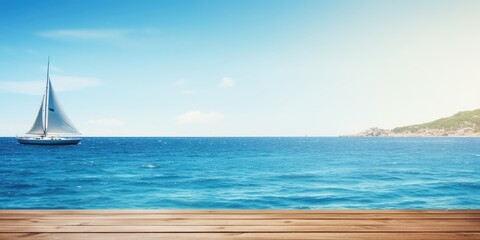  Summer-themed wooden table display with a blue sea background.