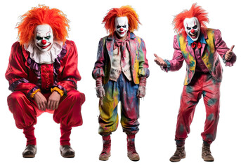 Collection of PNG. Maniac killer clown with colorful hair and joker outfit isolated on transparent background.