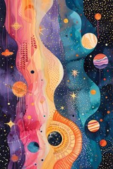 Poster -  colorful and abstract painting of a planet system.