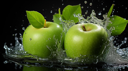 Two bright green apples with a fresh water splash and green leaves, isolated on a black background.
