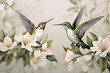hummingbird and flower, two hummingbirds with flowers light white and brown, mural painting, botanical watercolors, light emerald and light beige