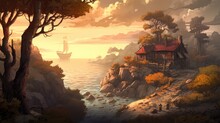 Beautiful Landscape Nature, View Of A Hill With Trees And Sea Views And A Cottage Illustration