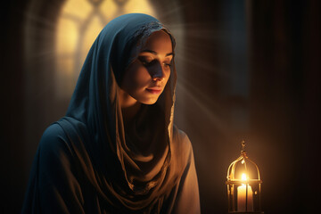 Wall Mural - Muslim woman in the mosque during the holy month of Ramadan Kareem