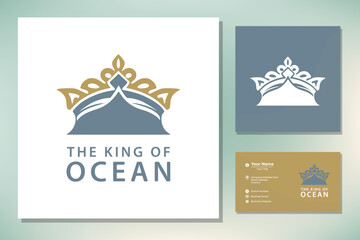 Golden Trident King Crown with Ocean Sea Wave and Bird logo design