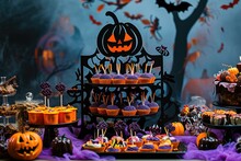 A Spooky Halloween Dessert Table With Themed Treats And Decorations Halloween Cupcake