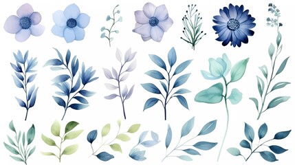Wall Mural - illustration Pink and blue flowers, leaves watercolor flower clip art. generative ai