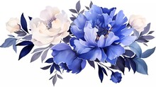 Watercolor Illustration Of Dark Blue Flowers, Flower Clip Art. Bouquet Of Peonies. Generative Ai