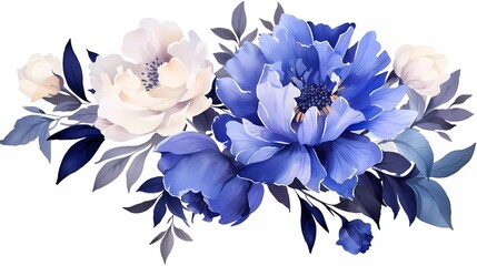 watercolor illustration of dark blue flowers, flower clip art. bouquet of peonies. generative ai